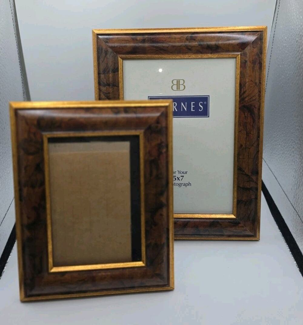 Vintage Barnes Burl Wood 5x7 Picture Frames Set of 2 Brown Gold Woodgrain...